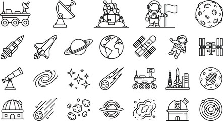 Space exploration astronomy astronaut rocket planet universe icon set vector illustration outline line art isolated on white background © MstBabli