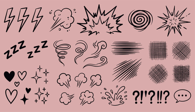 Set of comic style sound effects and expressive elements with expression illustration collection lightning explosion question exclamation handdrawn background