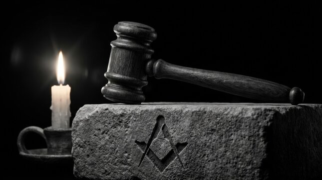 A wooden gavel placed on a stone block engraved with the Freemasonry square and compasses symbol, illuminated by a single candle in a dark, mysterious setting.