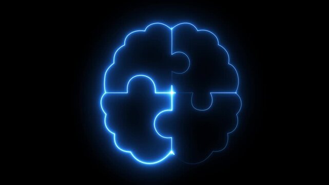 Glowing neon brain puzzle icon isolated representing problem solving and cognitive function. Brain with Puzzle Pieces Icon for Cognitive Thinking, Mind Development, Intelligence..