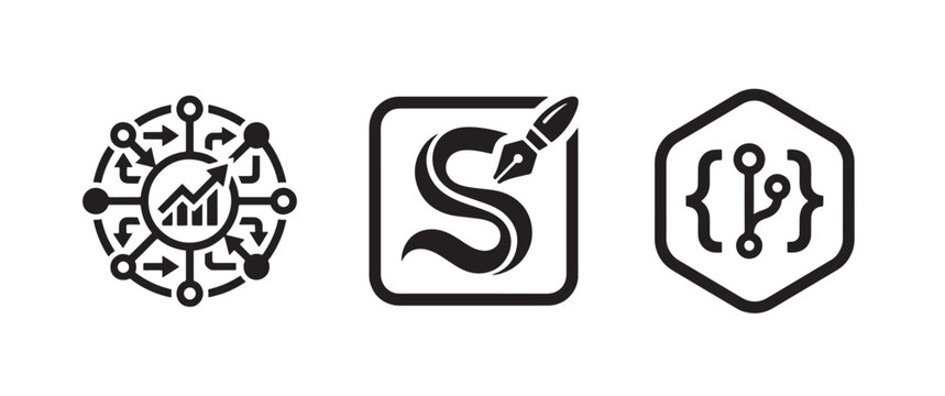 Three technology and business featuring a network data graph, a letter s with a fountain pen nib, and a git branching structure inside a hexagon
