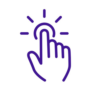 Purple hand icon with finger touching screen and radiating lines indicating interaction transparent background