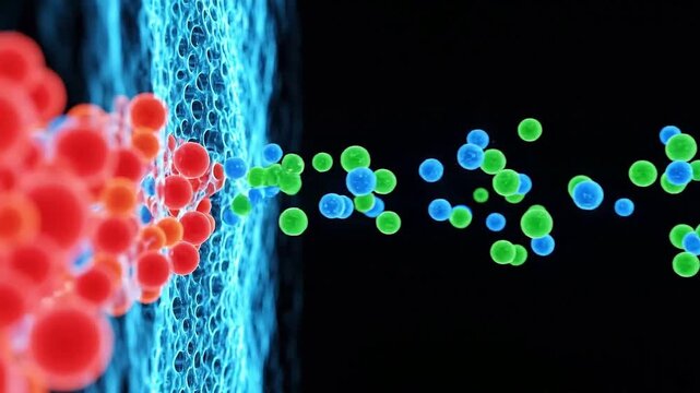 Molecular filtration process showing particles moving through a permeable blue mesh. Scientific visualization of osmosis or separation for chemical and medical research.