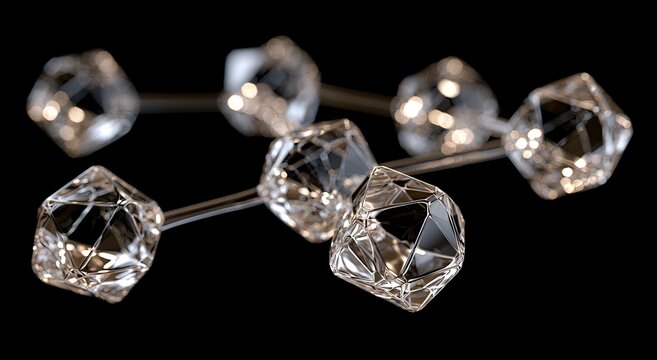 Transparent geometric polyhedrons connected by slender rods on black
