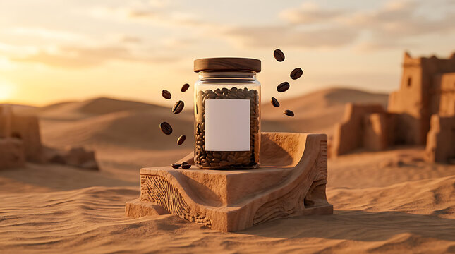 Glass coffee jar with blank label on desert pedestal at sunset