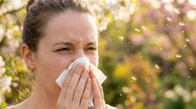 A young woman with seasonal allergies blowing her nose into a tissue, surrounded by flying pollen and blooming spring flowers, suffering from hay fever symptoms.