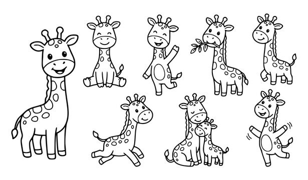 24. Cute Giraffe Cartoon Character Pose Collection Isolated on White Background Vector Illustration Set