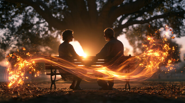 Two People Sharing Glowing Energy Connection Outdoors