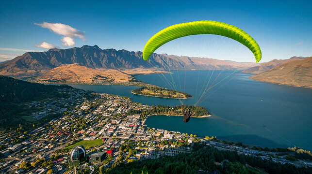 Paragliding Over Mountain Lake and Coastal Town