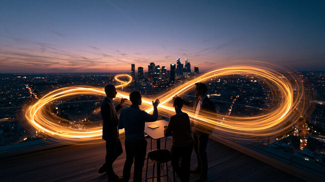 Business Team Meeting on Rooftop with Infinity Symbol Light Trails