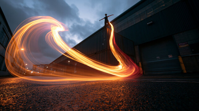 Man Balancing on Rooftop with Fire Light Trail