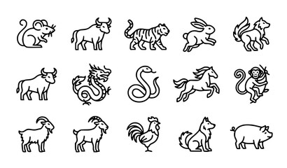 Fototapeta premium 17. Farm and Domestic Animals Outline Icon Collection Isolated on White Background Vector Illustration Set