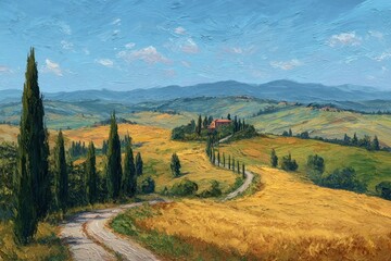 Fototapeta premium Scenic Tuscan landscape with winding path and cypress trees.
