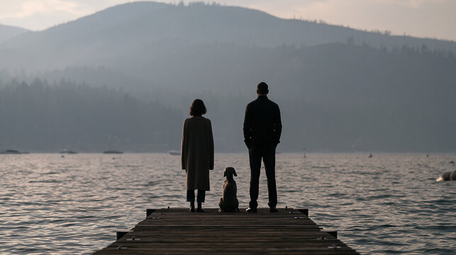 Family Standing on Dock Overlooking Mountain Lake