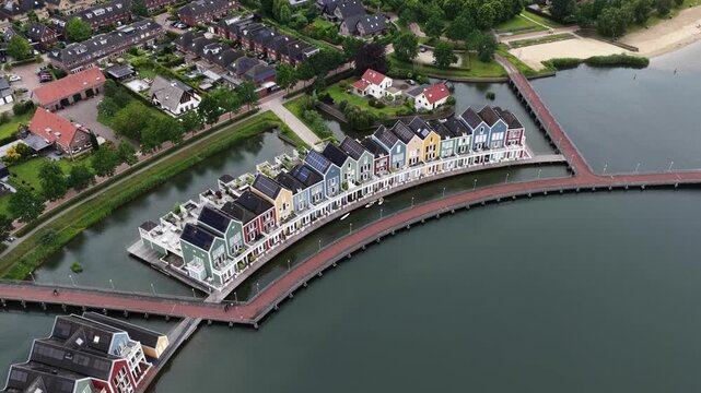 Aerial view of colorful modern water houses in the netherlands