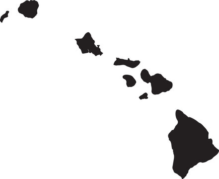 Black and white map of the hawaiian islands presented as a simple graphic silhouette