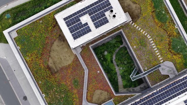 Green roof building with solar panels aerial view