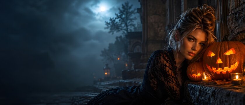 Close up portrait of beautiful young gothic woman with glowing Halloween jack-o-lantern pumpkins at dark misty night, spooky holiday celebration concept with copy space, generative AI