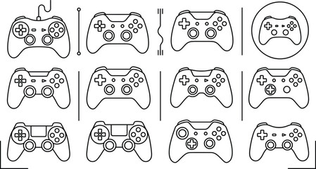 Video game controller gamepad joystick outline icon set collection vector illustration line art isolated on white background gaming © MstBabli