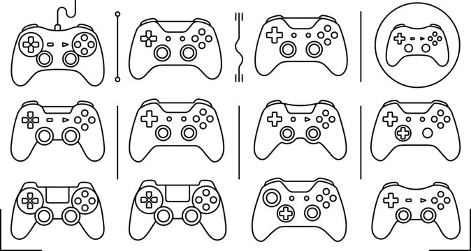 Video game controller gamepad joystick outline icon set collection vector illustration line art isolated on white background gaming