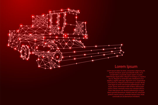 combine harvester from futuristic polygonal red lines and glowing stars for banner, poster, greeting card