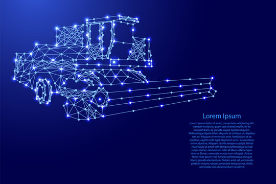 combine harvester from futuristic polygonal blue lines and glowing stars for banner, poster, greeting card