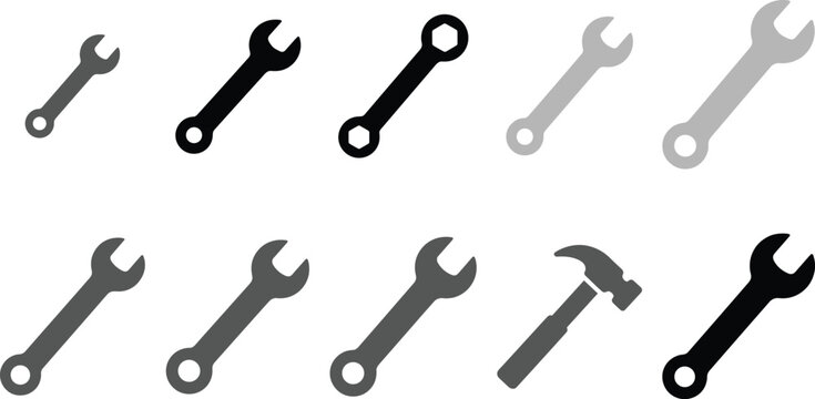 Wrench spanner icon set vector hammer construction tool repair mechanic service hardware workshop equipment maintenance garage manual engineering