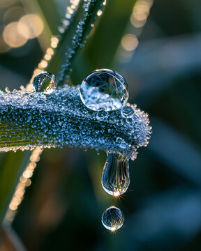 Water droplets on grass blades in macro morning light, dew drop reflections with crystalline freshness and serene bokeh