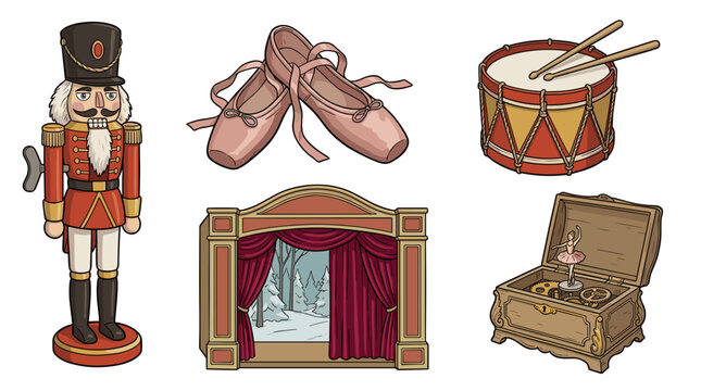 Set of five isolated illustrations of nutcracker ballet items with a toy soldier nutcracker, pointe shoes, a drum, a theatre stage and a ballerina music box