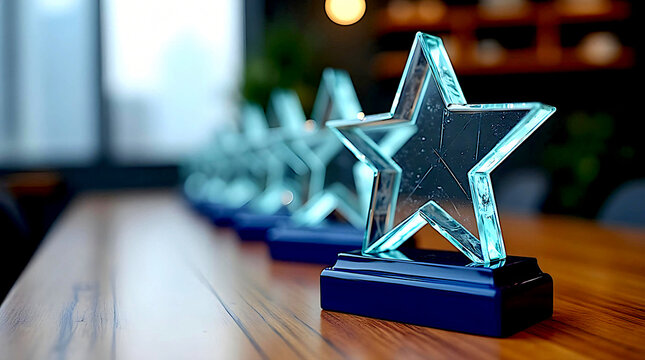 transparent glass award statuettes in the shape of stars