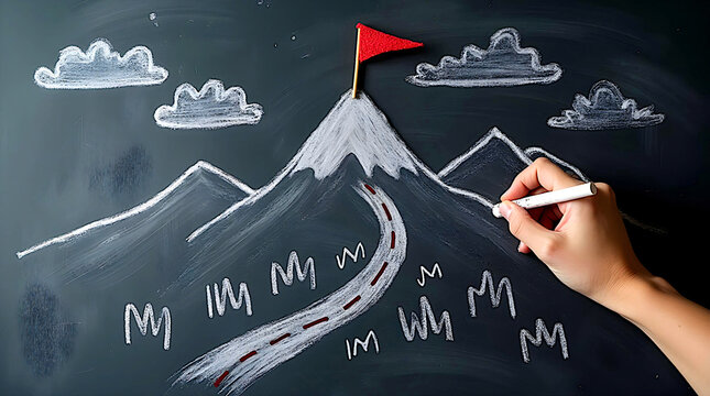 chalk drawing on a blackboard depicting a mountain and flag
