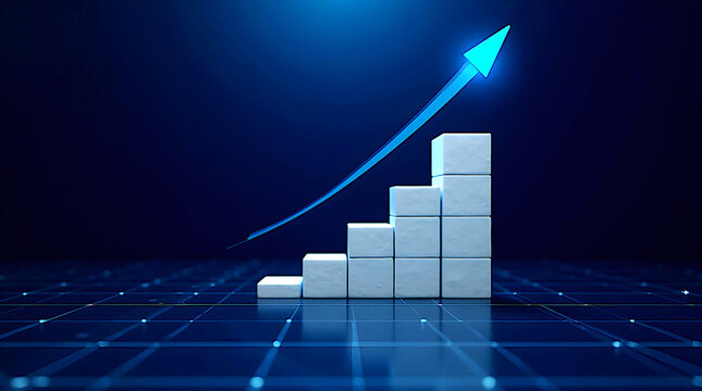 upward growing financial chart with a blue arrow on dark background