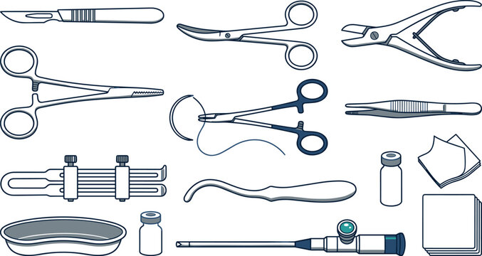 Surgical instruments vector icons set featuring medical tools including scalpel scissors forceps suture needle bone cutters retractor kidney dish and hospital equipment outline illustrations