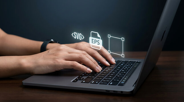 Hands typing on laptop keyboard. Developer working with digital file format icons.