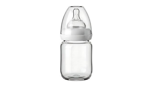 Clear glass baby bottle with white cap and silicone nipple for feeding newborn infants at home