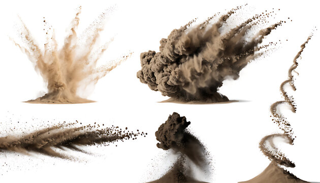 Dust explosion collection on white background. Dynamic dirt particles and sand blast effect.