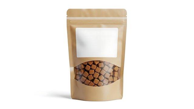 Brown kraft paper pouch bag with square snack food pieces inside and a blank label for product design