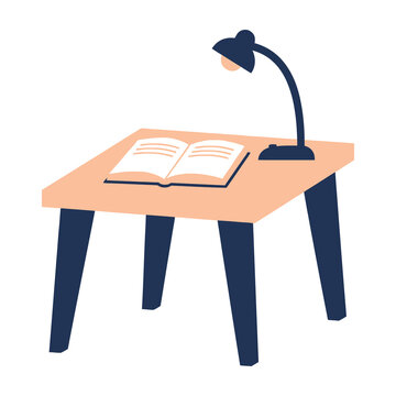 Table with open book and desk lamp on top for reading and studying purposes always