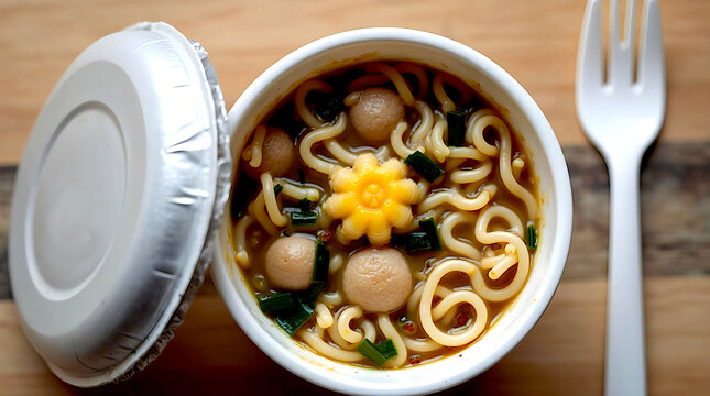 convenient disposable paper packaging of hot instant noodles with fork
