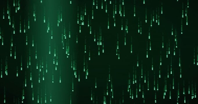 Dense green Han character code rain falls steadily in this animated video, creating a radiant digital storm.