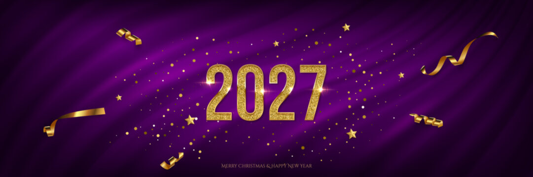 2027 Happy New Year greeting card vector background. 2027 golden numbers with confetti and congratulation text on purple curtain. Luxury festive sparkle postcard, invitation, banner for social media.