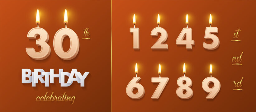 Birthday anniversary number cake candles. Birthday golden beige candles set with number 30 isolated on brown for party invitation, greeting card, poster, congratulation. Luxury vector background.