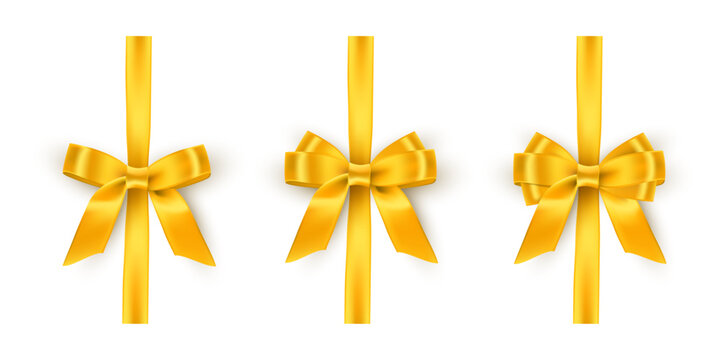 Golden ribbons set with bow on white background. Gift wrapping decoration elements. Present box decoration. Realistic 3d vector illustrations collection.