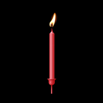 Red birthday candle for cake. 3d birthday candle with glowing flame. Colorful party decoration element for happy celebration, card, invitation, banner, poster. Festive realistic vector illustration.