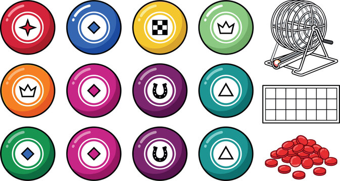 Vector illustration set of colorful bingo lottery balls with lucky symbols alongside a classic wire cage drum selector machine, card grid, and markers.