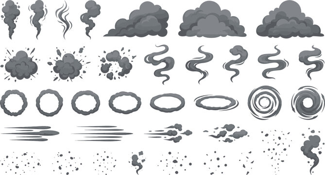Cartoon smoke and steam visual effects set for and design elements with white background smoke cloud vapor trail puff of smoke animation explosion abstract illustration environment