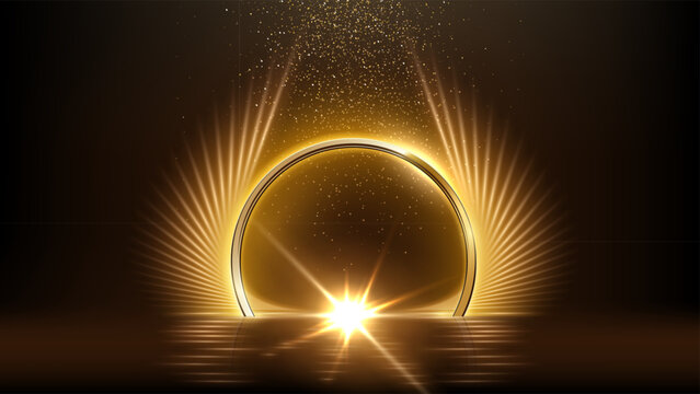 Golden light arch. Gold shiny arc with radiant beams,flare in center and falling sparkles above glossy reflection on dark background. Luxurious festive vector illustration.