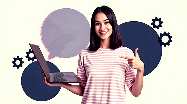smiling young woman holding laptop with abstract gear icons illustration