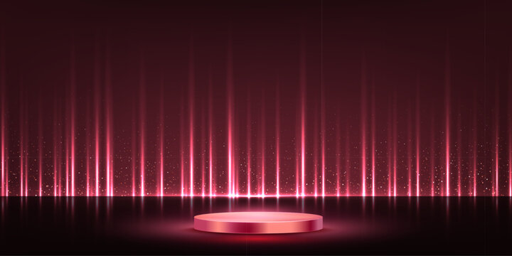 Award podium with curtain backdrop and sparkling light rays. Luxury elegant pink stage for winners, champions, and premium ceremony celebrations with silk drapes. Vector illustration.