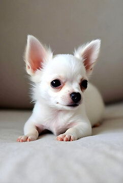 cute little white chihuahua puppy lying on a bright blanket